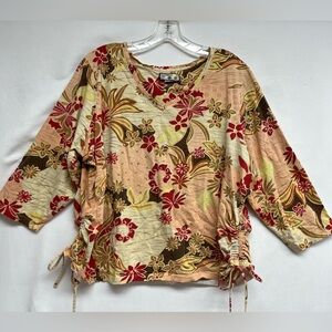 Caribbean Joe Woman Tropical Floral V-Neck Top with Side Ties Beach, 70’s Vibe